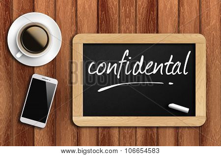 Coffee, Phone  And Chalkboard With Word Confidental
