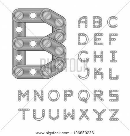 Latin Alphabet Made With Metal Elements Of Constructor. All The Le