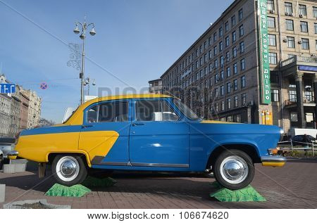 KIEV , UKRAINE - NOV 1, 2015. Exterior of the vintage Soviet car GAZ-21 Volga with folk stile tuning on November 1, 2015 in Kiev, Ukraine