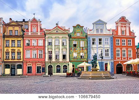 Colorful Renaissance Facades On The Central Market Square In Poznan, Poland