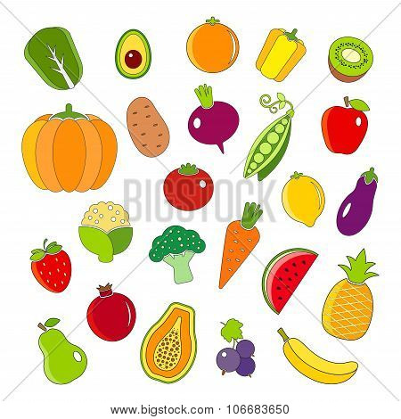 Organic Fruits And Vegetables Outline Style Icons Set