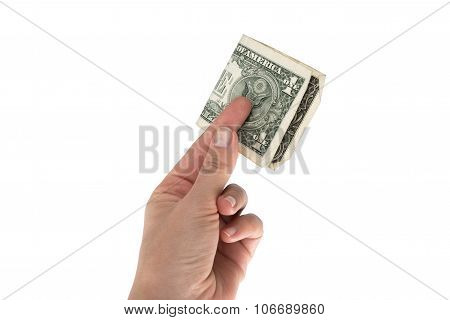 One dollar in the hand folded in half isolated on white background