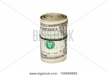 Twisted roll of dollars tightened rubber band