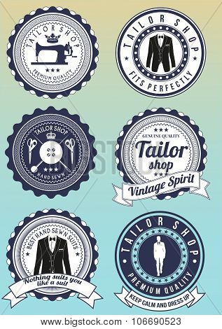 Set of dark blue round badges for tailor shops