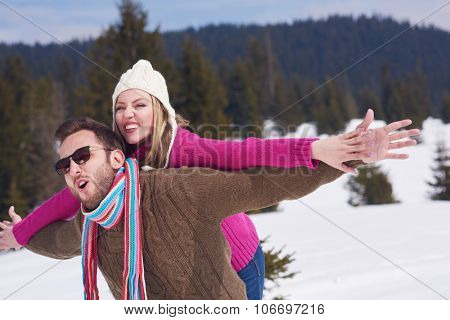 portrait of happy young romantic tourist  couple outdoor in nature at winter vacation