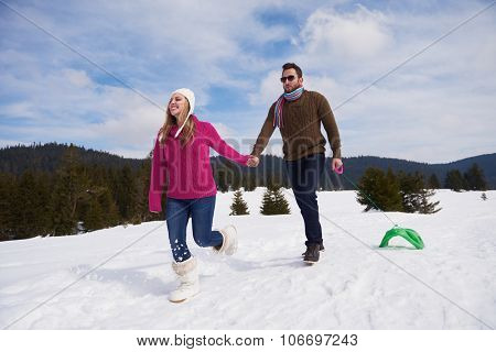 romantic winter  scene, happy young couple having fun on fresh show on winter vacatio, mountain nature landscape