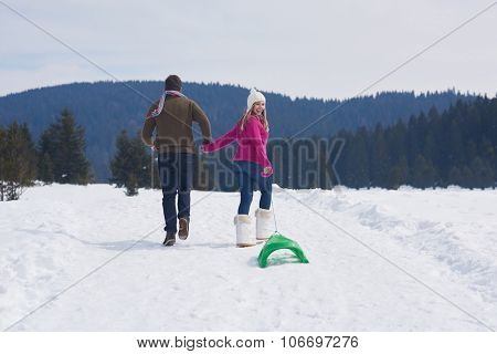 romantic winter  scene, happy young couple having fun on fresh show on winter vacatio, mountain nature landscape