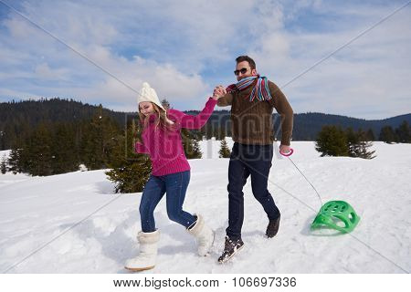romantic winter  scene, happy young couple having fun on fresh show on winter vacatio, mountain nature landscape