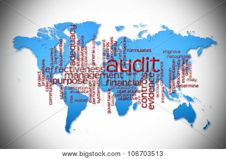 Word Cloud Of  Audit With World Map Background