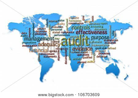 Word Cloud Of  Audit With World Map Background