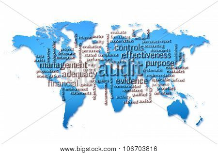 Word Cloud Of  Audit With World Map Background