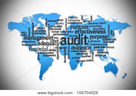 Word Cloud Of  Audit With World Map Background