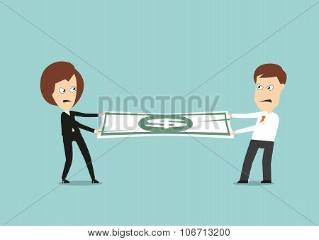 Businessman and business woman fights for money