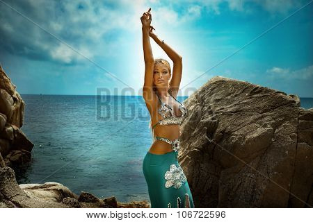 Sexy Blonde Lady On The Beach.
