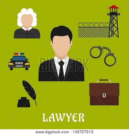 Lawyer and justice flat symbols or icons
