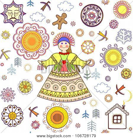 Shrovetide wallpaper with abstract pattern and girl