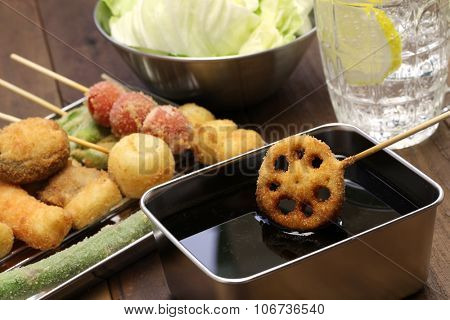 kushiage, kushikatsu, deep fried skewers, japanese food

