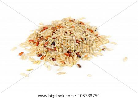 Brown, Red And Wild Rice Isolated On White Background