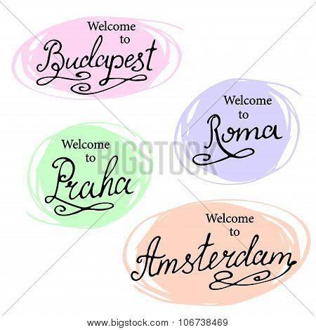 Calligraphy Collection: Madrid, Paris, London, Berlin. Hand-lettering City Names. City Emblems Vecto