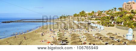 Sandy Beach With Thatched Parasols And Sunbeds, Costa Adeje, Tenerife, Spain