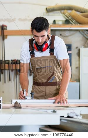 Carpenter or cabinet maker in his wood workshop
