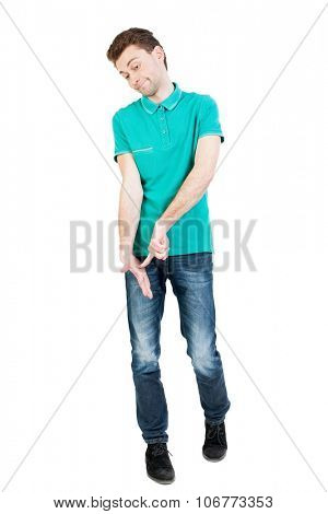  man hesitates. Isolated on white background