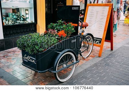 Decorative Vintage Model Of Old Bicycle Equipped With Basket Of