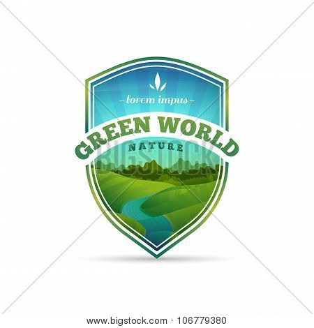 Logo, sign, badge in the shape of a shield with nature, landscape, tree, river. Cartoon style. Vecto