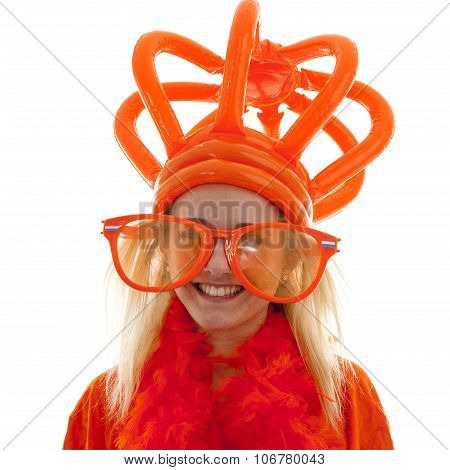 Young Woman As Dutch Orange Supporter With Crown