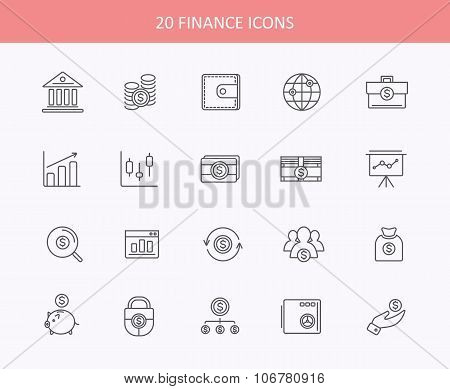 Set of thin, lines, financial service items icons