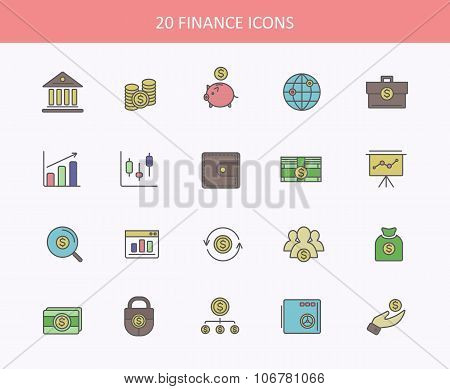 Set of thin, lines, outline financial service items icons