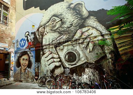 Hipster Monkey With Mobile Phone And Camera, Unknown Artist Graffiti