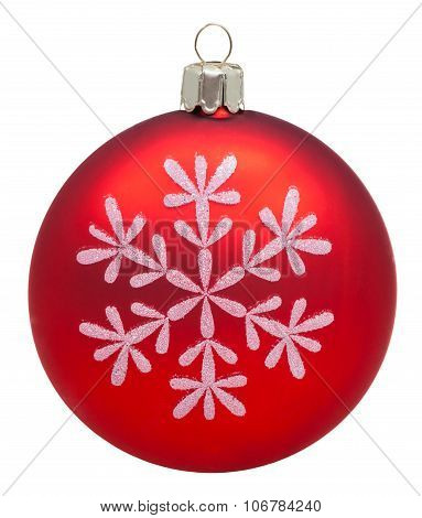 Red Glass Ball With Painted Snowflake Isolated