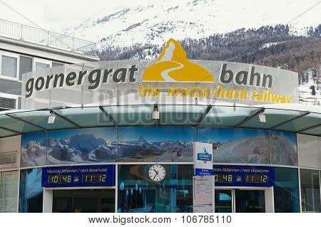 Exterior of the Gornergratbahn train station sign in Zermatt, Switzerland.