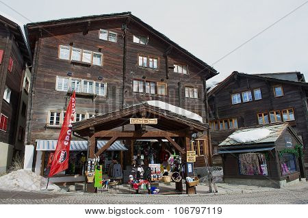 Exterior of the traditional wooden buildings in Zermatt, Switzerland.