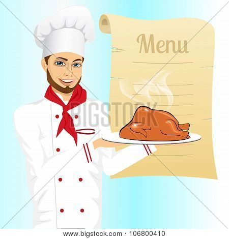 male chef holding a tray with christmas roasted turkey