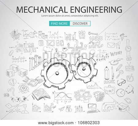 Mechanical Engineering concept with Doodle design style :physics solution, re-engineering, parts design.Modern style illustration for web banners, brochure and flyers.