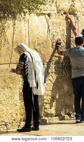 Unidentified Jewish Worshiper In  Tallith And Tefillin Praying At The Wailing Wall An Important Jewi