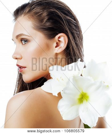 young pretty woman with  Amarilis flower close up isolated on white