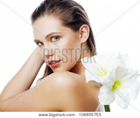 young pretty woman with  Amarilis flower close up isolated on white