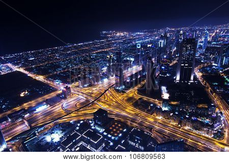 nightime city downtown dubai ariel view