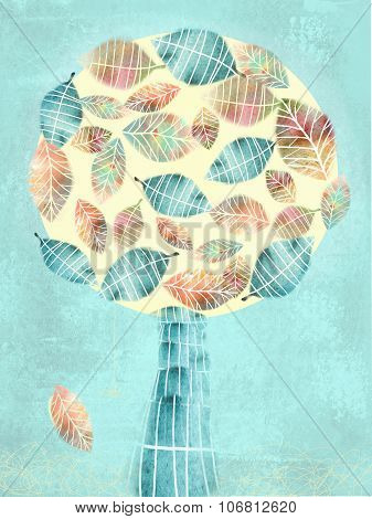 Autumn Abstract Tree With Falling Leaf Isolated On White Background.