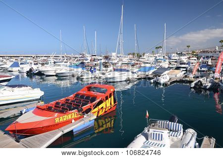 Boats and yachts in Puerto Colon yacht club in Costa Adeje on Tenerife