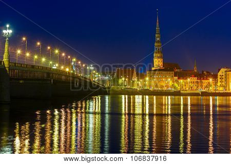 Old Town and River Daugava at night, Riga, Latvia