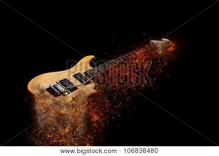 Electric Guitar in fire Isolated on Black Background