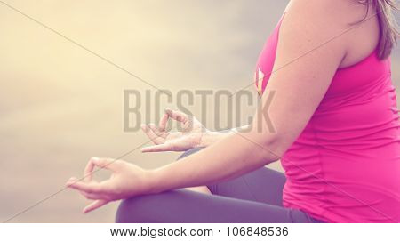 Woman Doing Yoga On Top Of Mountain Ridge With Filter