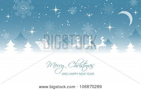 Christmas landscape, Santa on sleigh with reindeer.