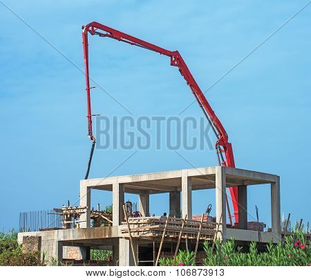 Trailer-mounted Boom Concrete Pump At Construction Site.