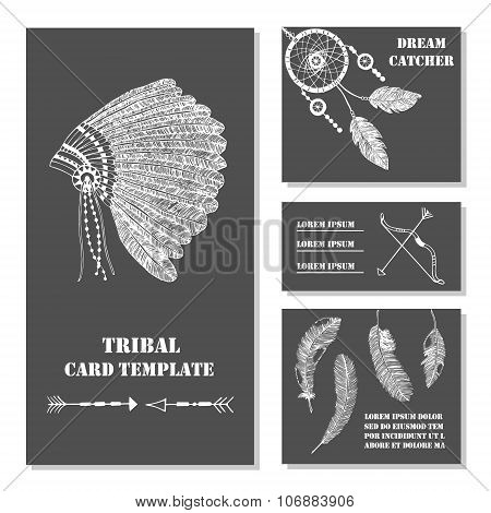 Set of tribal ethnic indian business card with feathers bow headdress. Vector background tepmlate.
