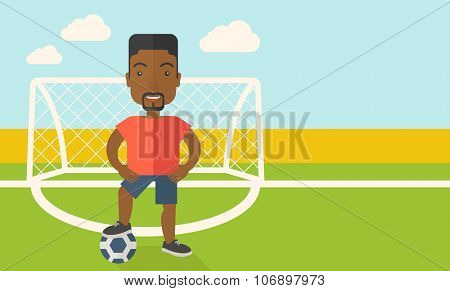 An african-american football player with ball standing on field of stadium vector flat design illustration. Horizontal layout with a text space for a social media post.